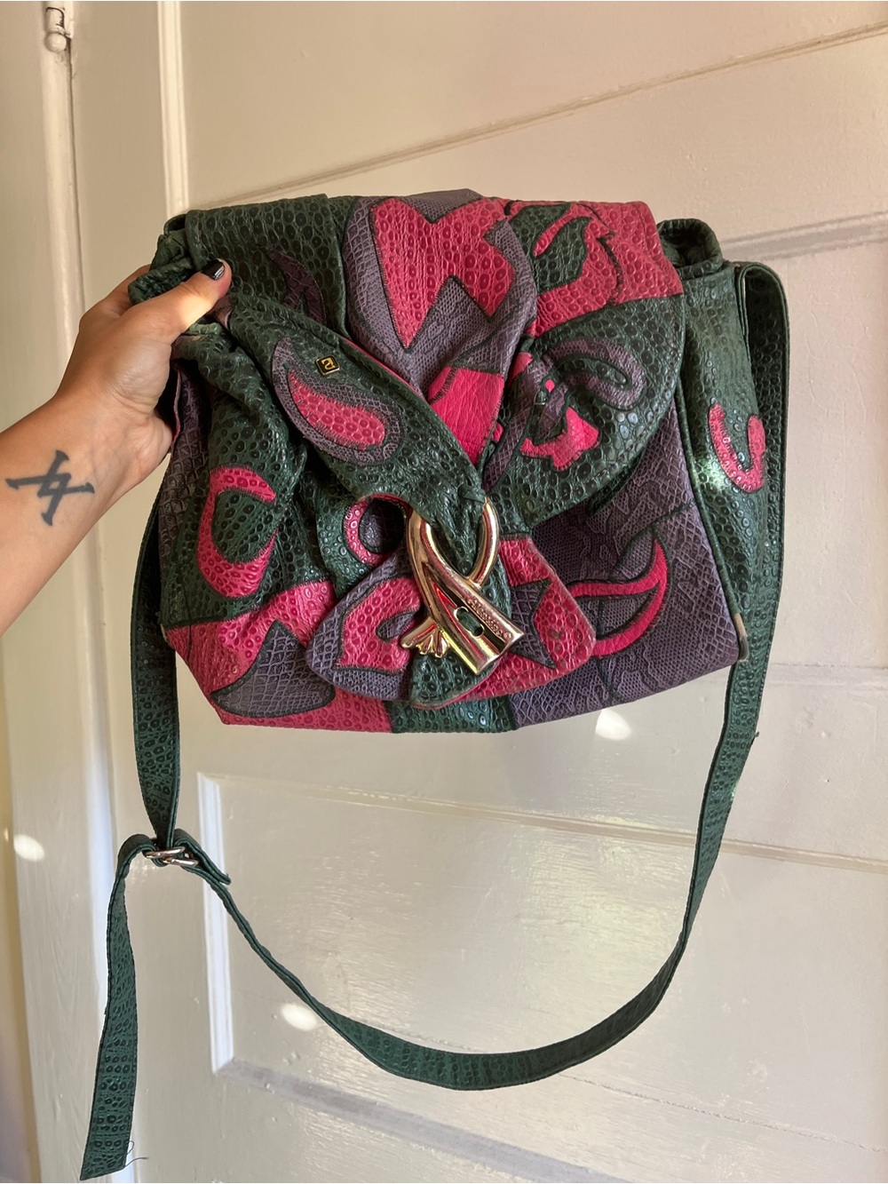 Vintage 1980s Green and Pink Patchwork Shoulder Bag with Gold Hardware